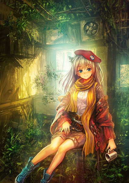 Anime picture 1000x1419 with original lm7 (op-center) single long hair tall image blush blue eyes brown hair sitting light smile girl plant (plants) hat jacket shorts belt scarf beret