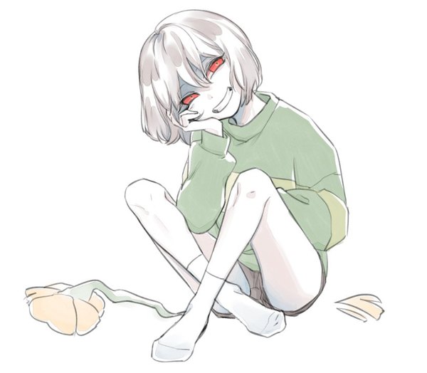 Anime picture 834x729 with undertale chara (undertale) flowey (undertale) qhdjsxpf single looking at viewer fringe short hair simple background smile hair between eyes red eyes brown hair white background sitting full body head tilt head rest indian style androgynous