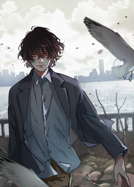 Anime picture 643x900 with bungou stray dogs studio bones dazai osamu (bungou stray dogs) saito yukihiro single tall image looking at viewer fringe short hair hair between eyes brown hair standing brown eyes sky cloud (clouds) outdoors wind open clothes city river