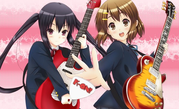 Anime picture 1920x1169 with k-on! kyoto animation hirasawa yui nakano azusa highres black hair brown hair wide image purple eyes multiple girls brown eyes girl 2 girls musical instrument guitar