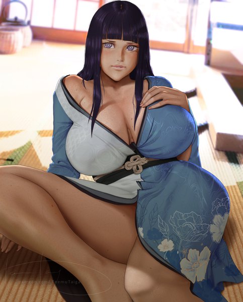 Anime picture 805x1000 with naruto studio pierrot naruto (series) hyuuga hinata teemu taiga single long hair tall image looking at viewer fringe breasts light erotic black hair large breasts purple eyes signed indoors traditional clothes parted lips japanese clothes