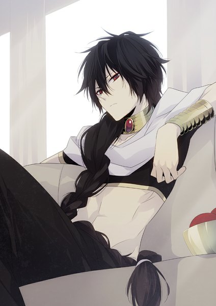 Anime picture 636x900 with magi the labyrinth of magic a-1 pictures judal xia (ryugo) single tall image looking at viewer black hair red eyes sitting braid (braids) very long hair traditional clothes bare belly single braid boy choker bracelet jewelry arabian clothes