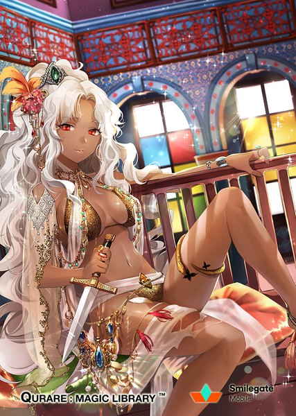 イラスト 700x984 と qurare: magic library ice (ice aptx) ソロ 長髪 長身像 カメラ目線 おっぱい light erotic 赤い目 座る holding bent knee (knees) white hair indoors traditional clothes light smile lips arm support bare belly sparkle