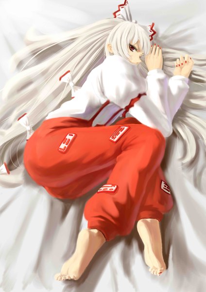 Anime picture 4169x5905 with touhou fujiwara no mokou hikari (artist) single long hair tall image looking at viewer highres red eyes absurdres white hair lying nail polish barefoot red nail polish toenail polish girl bow hair bow