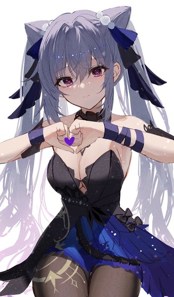 Anime picture 1203x2048 with genshin impact keqing (genshin impact) keqing (opulent splendor) (genshin impact) raiya atelier single long hair tall image looking at viewer blush fringe breasts light erotic simple background smile hair between eyes large breasts standing white background purple eyes twintails