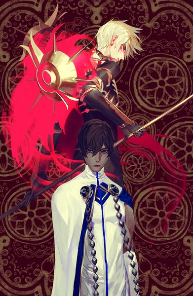 Anime picture 1537x2355 with fate (series) fate/grand order karna (fate) arjuna (fate) daeraeband tall image looking at viewer fringe short hair blonde hair hair between eyes red eyes brown hair brown eyes profile multiple boys dark skin boy gloves white gloves