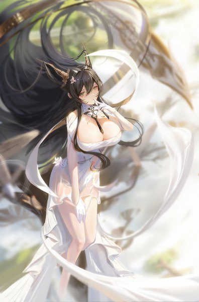 Anime picture 1300x1971 with azur lane indomitable (azur lane) dongfangzhong111 single tall image looking at viewer fringe breasts light erotic black hair hair between eyes green eyes payot cleavage very long hair arm up hair flower horn (horns) from above blurry