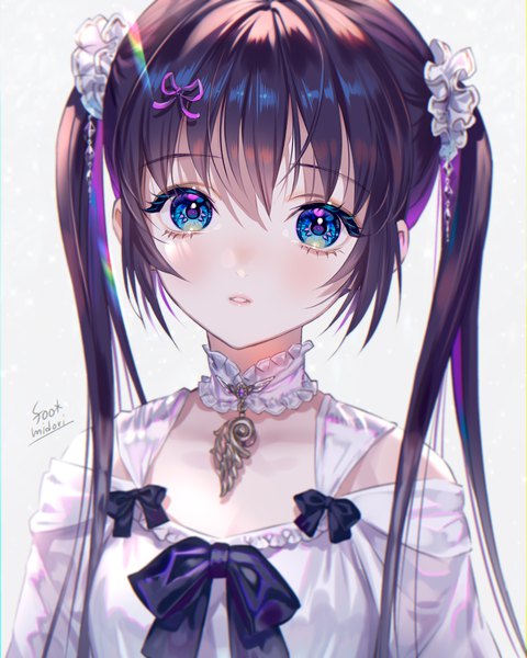 Anime picture 1024x1280 with original midori foo single long hair tall image looking at viewer blush fringe blue eyes black hair simple background hair between eyes white background twintails signed upper body parted lips girl bow choker