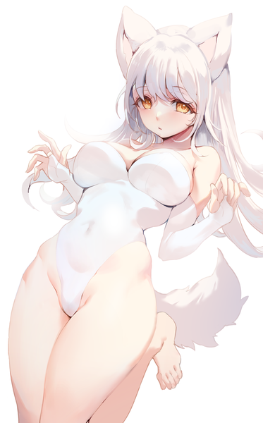 Anime picture 2800x4500 with original zerocat single long hair tall image looking at viewer blush fringe highres breasts light erotic simple background large breasts standing white background animal ears yellow eyes cleavage silver hair tail