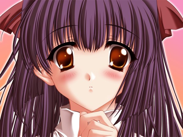 Anime picture 1200x900 with kao no nai tsuki blush brown eyes game cg purple hair close-up girl