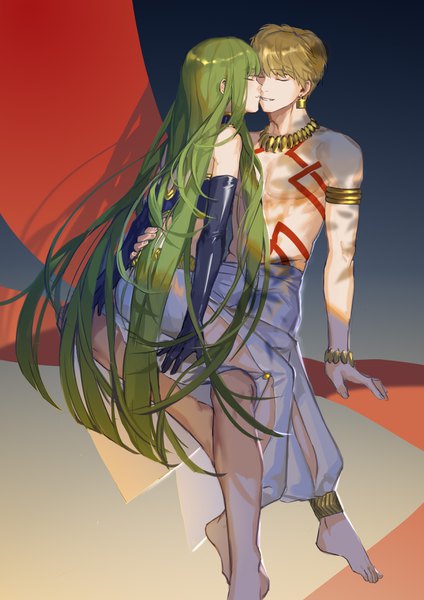 Anime picture 2480x3508 with fate (series) fate/strange fake gilgamesh (fate) enkidu (fate) rrr (reason) tall image highres short hair blonde hair sitting eyes closed very long hair profile barefoot green hair arm support multiple boys shadow tattoo shounen ai