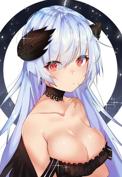 Anime picture 1267x1830 with girls frontline thunder (girls frontline) meow nyang single long hair tall image looking at viewer blush fringe breasts light erotic simple background hair between eyes red eyes large breasts bare shoulders blue hair cleavage upper body sparkle