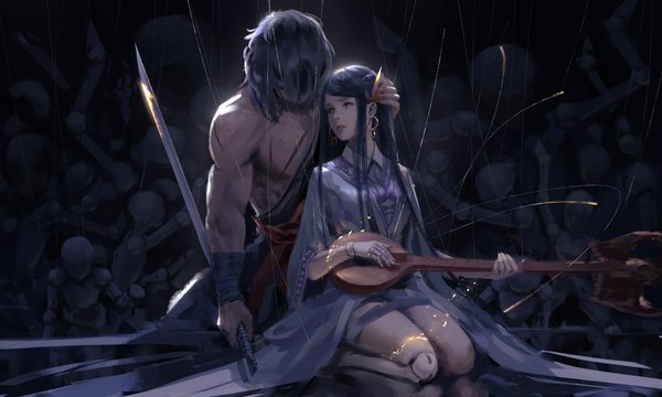 Anime-Bild 5000x3000 mit dungeon and fighter master siran iris fortunesinger wlop long hair fringe highres black hair wide image sitting holding brown eyes looking away absurdres traditional clothes head tilt japanese clothes lips muscle seiza