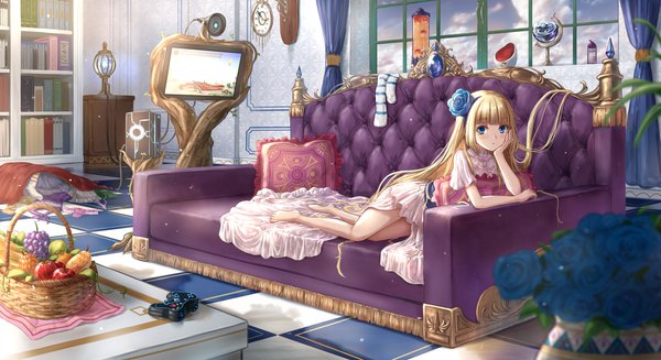 Anime picture 1980x1080 with original gohei (aoi yuugure) single looking at viewer blush fringe highres blue eyes blonde hair wide image payot sky cloud (clouds) full body bent knee (knees) indoors blunt bangs very long hair barefoot blurry