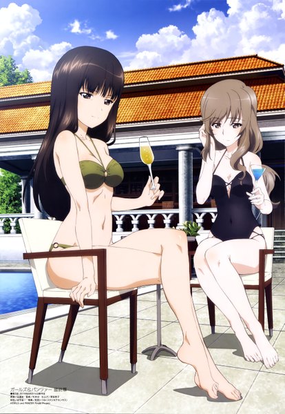 Anime picture 4091x5921 with girls und panzer megami magazine shimada chiyo nishizumi shiho wang guo nian long hair tall image blush fringe highres breasts light erotic brown hair sitting multiple girls holding brown eyes absurdres sky cloud (clouds)