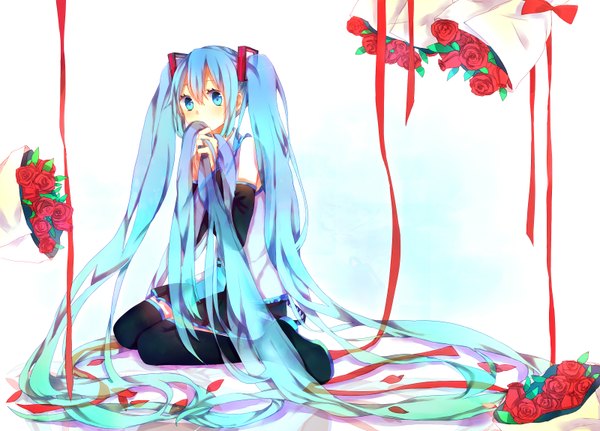 Anime picture 3200x2300 with vocaloid hatsune miku ni you single highres blue eyes simple background white background twintails blue hair absurdres very long hair girl skirt flower (flowers) ribbon (ribbons) detached sleeves miniskirt thigh boots