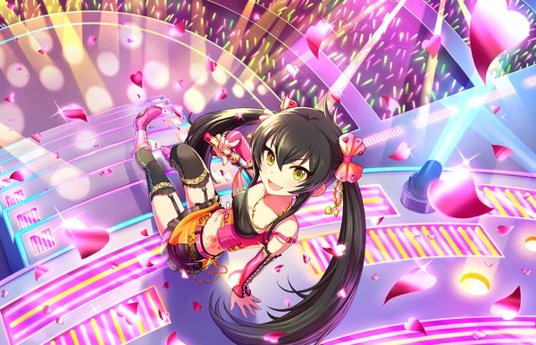 Anime picture 1280x824 with idolmaster idolmaster cinderella girls matoba risa annindoufu (oicon) single long hair looking at viewer open mouth black hair smile sitting twintails yellow eyes full body from above arm support official art sparkle girl thighhighs