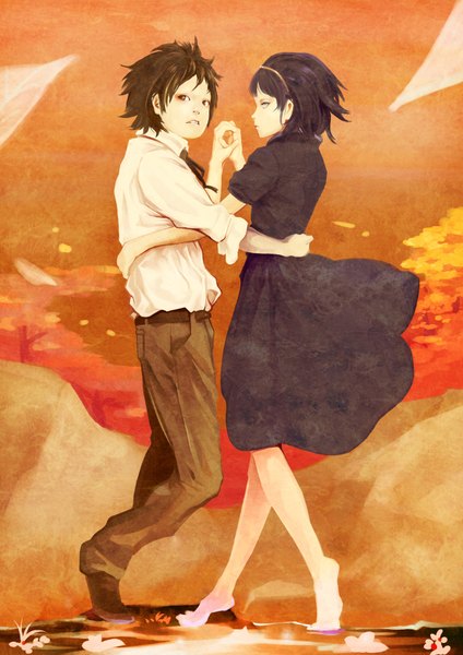 Anime picture 1240x1754 with original gen'ichi tall image short hair black hair brown hair couple holding hands girl dress boy shirt belt hairband pants