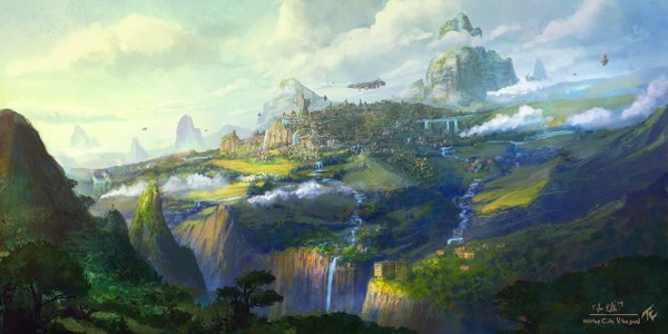 Anime picture 1280x640 with original gamefan84 wide image sky cloud (clouds) city mountain no people landscape river waterfall plant (plants) tree (trees) water grass house