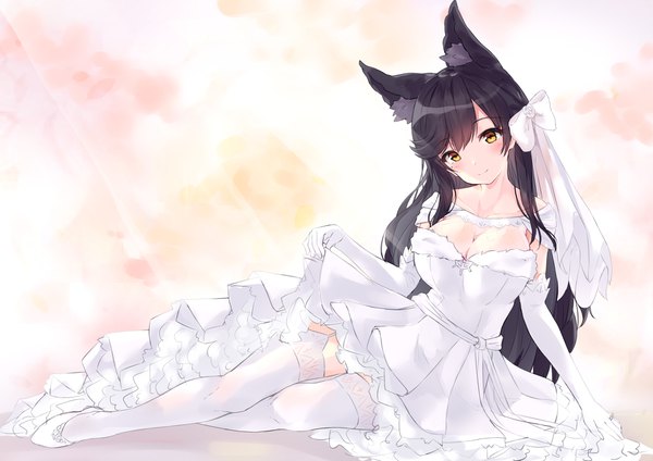 Anime picture 4093x2894 with azur lane atago (azur lane) minikon single long hair looking at viewer blush fringe highres breasts light erotic black hair simple background smile large breasts bare shoulders brown eyes animal ears absurdres cleavage