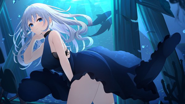 Anime picture 8000x4500 with original ekidona single long hair looking at viewer blush fringe highres blue eyes light erotic wide image bare shoulders absurdres silver hair sleeveless floating hair underwater frilled dress girl dress