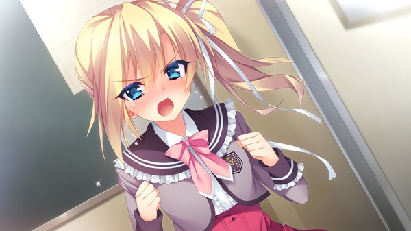 Anime picture 1280x720 with shukufuku no kane no oto wa shinonome urara anapom long hair blush open mouth blue eyes blonde hair wide image game cg side ponytail girl uniform ribbon (ribbons) hair ribbon serafuku