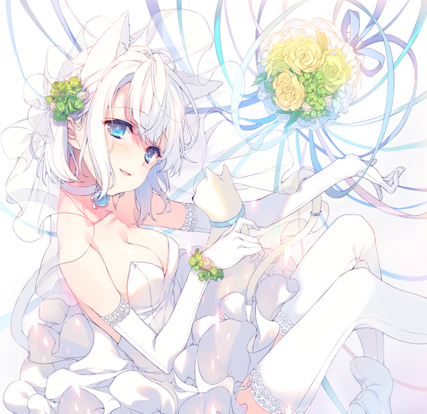 Anime picture 929x900 with original reia single looking at viewer blush fringe short hair breasts blue eyes light erotic white background bare shoulders animal ears cleavage white hair parted lips head tilt hair flower cat ears cat girl