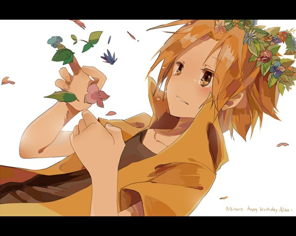 Anime picture 1000x800 with sen'yuu. alba (senyuu) single blush short hair simple background smile brown hair white background brown eyes looking away hair flower open clothes tears boy hair ornament flower (flowers) petals leaf (leaves) wreath