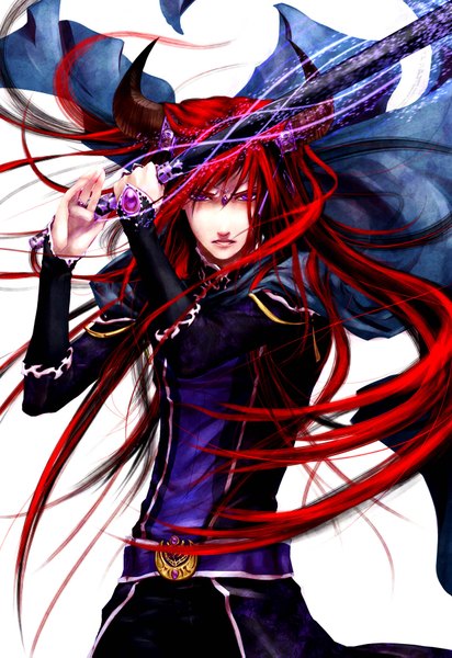 Anime picture 1280x1863 with moneynew single long hair tall image highres simple background white background purple eyes red hair horn (horns) chinese zodiac ox (chinese zodiac) boy weapon pendant jewelry cloak ring