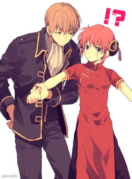 Anime picture 600x813 with gintama sunrise (studio) kagura (gintama) okita sougo mashima shima tall image blush fringe simple background hair between eyes brown hair white background brown eyes signed payot looking away pink hair traditional clothes pink eyes hair bun (hair buns)