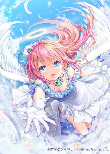 Anime picture 643x900 with shinkai no valkyrie sahaquiel (shinkai no valkyrie) akkijin single long hair tall image looking at viewer blush fringe breasts blue eyes hair between eyes pink hair sky cleavage cloud (clouds) ahoge official art flying angel wings
