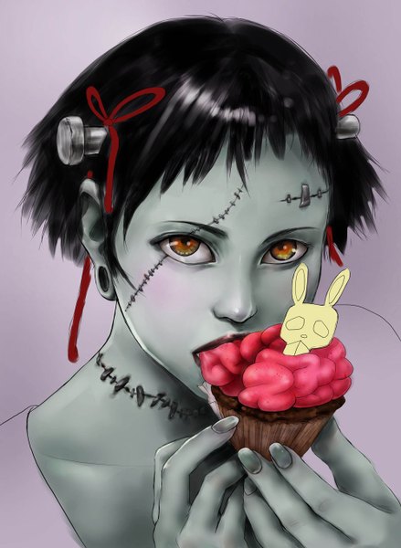 Anime picture 1000x1366 with original kodonggae tall image looking at viewer short hair black hair profile fingernails piercing scar long fingernails multicolored eyes horror girl ribbon (ribbons) sweets cake brain