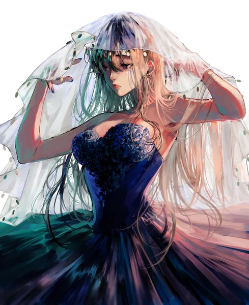 Anime picture 1668x2048 with original akuta vi single long hair tall image fringe simple background hair between eyes brown hair white background looking away arms up girl dress blue dress strapless dress veil