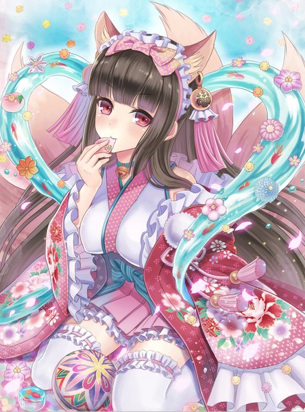 Anime picture 712x960 with original madopen single long hair tall image looking at viewer blush fringe breasts black hair red eyes sitting holding animal ears tail blunt bangs traditional clothes japanese clothes animal tail wide sleeves