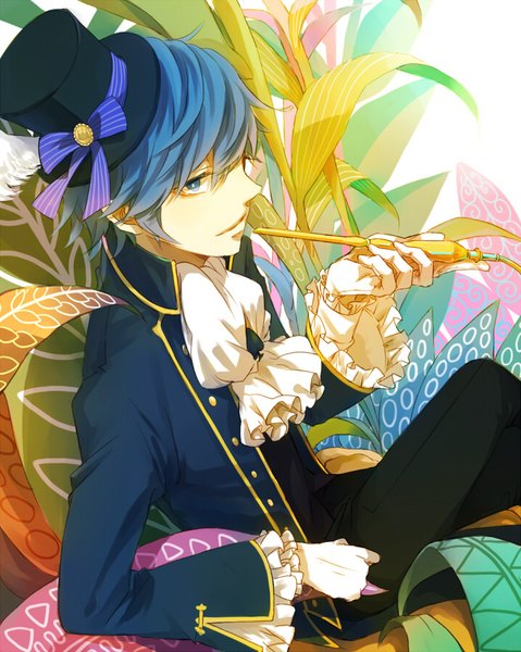 Anime picture 716x896 with vocaloid alice in musicland (vocaloid) kaito (vocaloid) hiyoyogi single tall image fringe short hair blue eyes hair between eyes sitting blue hair crossed legs boy plant (plants) top hat hookah