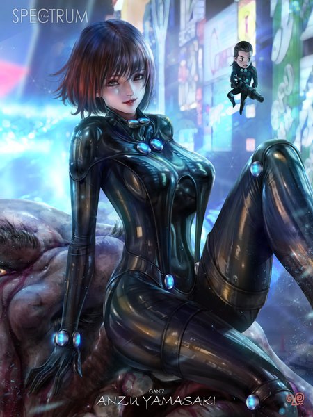 Anime picture 3000x4000 with gantz gonzo katou masaru yamasaki anzu yam spectrum long hair tall image looking at viewer fringe highres short hair breasts light erotic hair between eyes brown hair large breasts sitting brown eyes bent knee (knees) parted lips