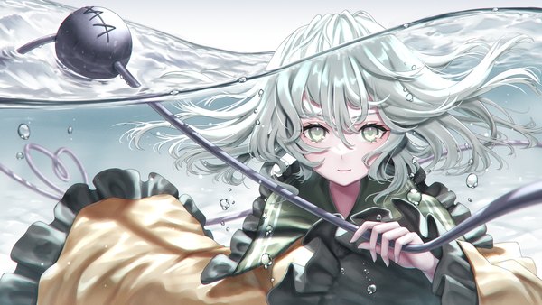 Anime picture 3840x2160 with touhou komeiji koishi torinari (dtvisu) single long hair looking at viewer fringe highres hair between eyes wide image absurdres silver hair underwater silver eyes girl bubble (bubbles) eyeball