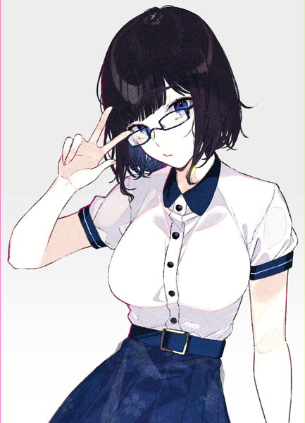 Anime picture 796x1102 with original kayahara (kayaka) single tall image looking at viewer fringe short hair breasts blue eyes black hair simple background upper body head tilt arm up grey background short sleeves victory girl skirt shirt