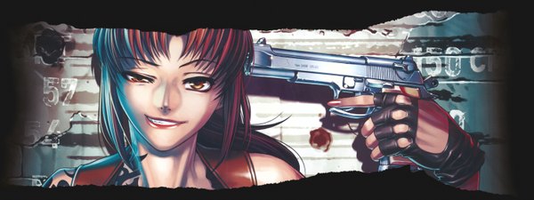 Anime picture 6000x2250 with black lagoon madhouse revy (black lagoon) hiroe rei single long hair highres smile wide image absurdres dualscreen girl gloves fingerless gloves gun