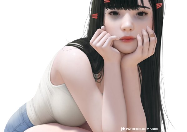 Anime picture 3508x2480 with original alyssa (jubi) jubi (regiana) single long hair looking at viewer fringe highres breasts black hair large breasts white background signed absurdres blunt bangs black eyes realistic shadow lipstick red lipstick