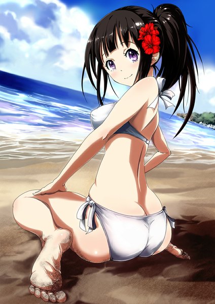 Anime picture 827x1169 with hyouka kyoto animation chitanda eru imojin single long hair tall image looking at viewer blush fringe breasts light erotic black hair smile sitting purple eyes sky cloud (clouds) ponytail looking back