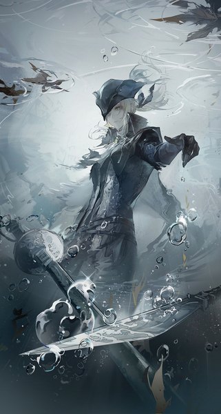 Anime picture 803x1500 with bloodborne from software lady maria of the astral clocktower bloodytongue666 single long hair tall image blue eyes white hair from below looking down hat over eyes girl gloves weapon hat sword black gloves water bubble (bubbles)