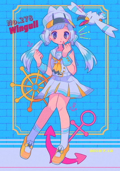 Anime picture 1923x2728 with pokemon nintendo wingull mameeekueya single long hair tall image looking at viewer highres twintails silver hair full body character names low twintails dated sailor collar knees together feet apart brick wall personification gen 3 pokemon