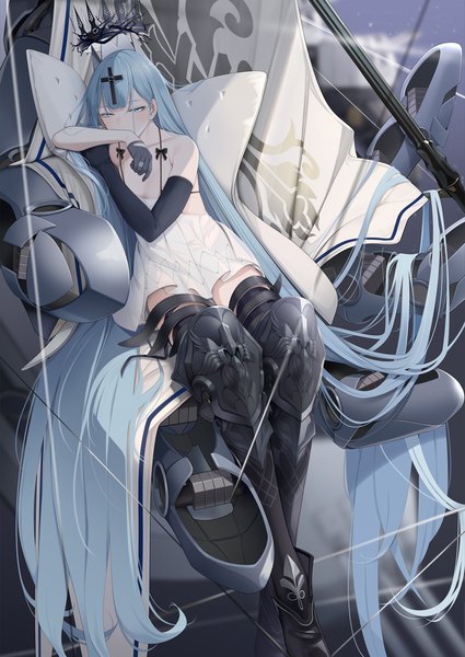 Anime picture 912x1289 with azur lane champagne (azur lane) giba (out-low) single tall image looking at viewer blush fringe sitting bare shoulders blunt bangs very long hair aqua eyes aqua hair covered mouth girl dress gloves hair ornament black gloves