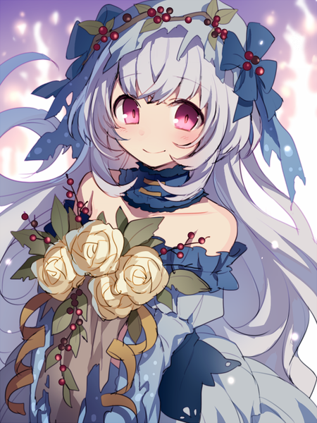 Anime-Bild 600x800 mit original hijiri (resetter) single long hair tall image looking at viewer blush smile payot silver hair upper body pink eyes off shoulder curly hair girl flower (flowers) bow rose (roses) detached collar bouquet