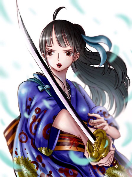 Anime picture 895x1200 with one piece toei animation kikunojo (one piece) stt0tr single long hair tall image fringe open mouth black hair simple background standing white background holding brown eyes signed payot ahoge ponytail traditional clothes