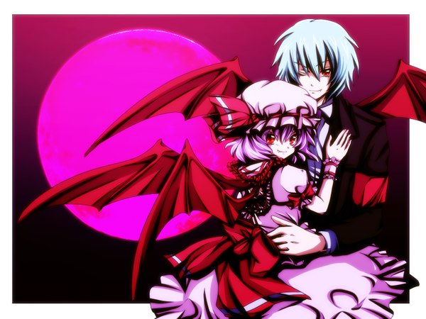 Anime picture 1600x1200 with touhou pop'n music remilia scarlet yuli uka (color noise) highres teeth fang (fangs) bat wings vampire girl dress wings pink dress