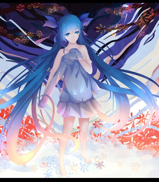 Anime picture 3500x4000 with vocaloid hatsune miku .l.l single tall image looking at viewer highres blue eyes twintails blue hair absurdres very long hair girl bow plant (plants) hair bow tree (trees)