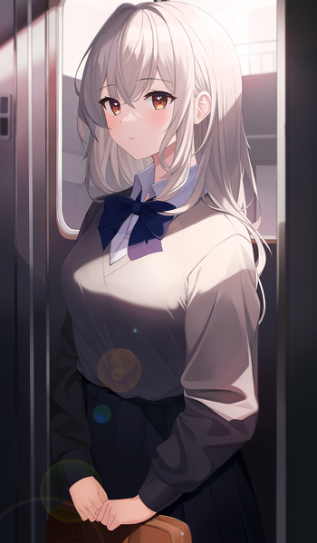 Anime picture 1400x2400 with original pipipipyu single long hair tall image blush fringe hair between eyes red eyes standing looking away silver hair lens flare train interior girl uniform school uniform ground vehicle train