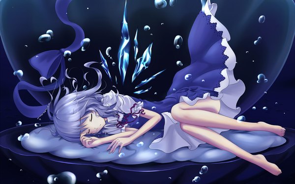 Anime picture 1920x1200 with touhou cirno cloudy.r highres short hair wide image blue hair eyes closed barefoot underwater sleeping girl dress wings water bubble (bubbles) seashell
